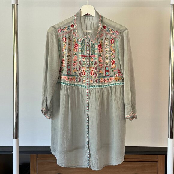Johnny Was Tops - Johnny Was Silky Floral Embroidered Tunic Blouse